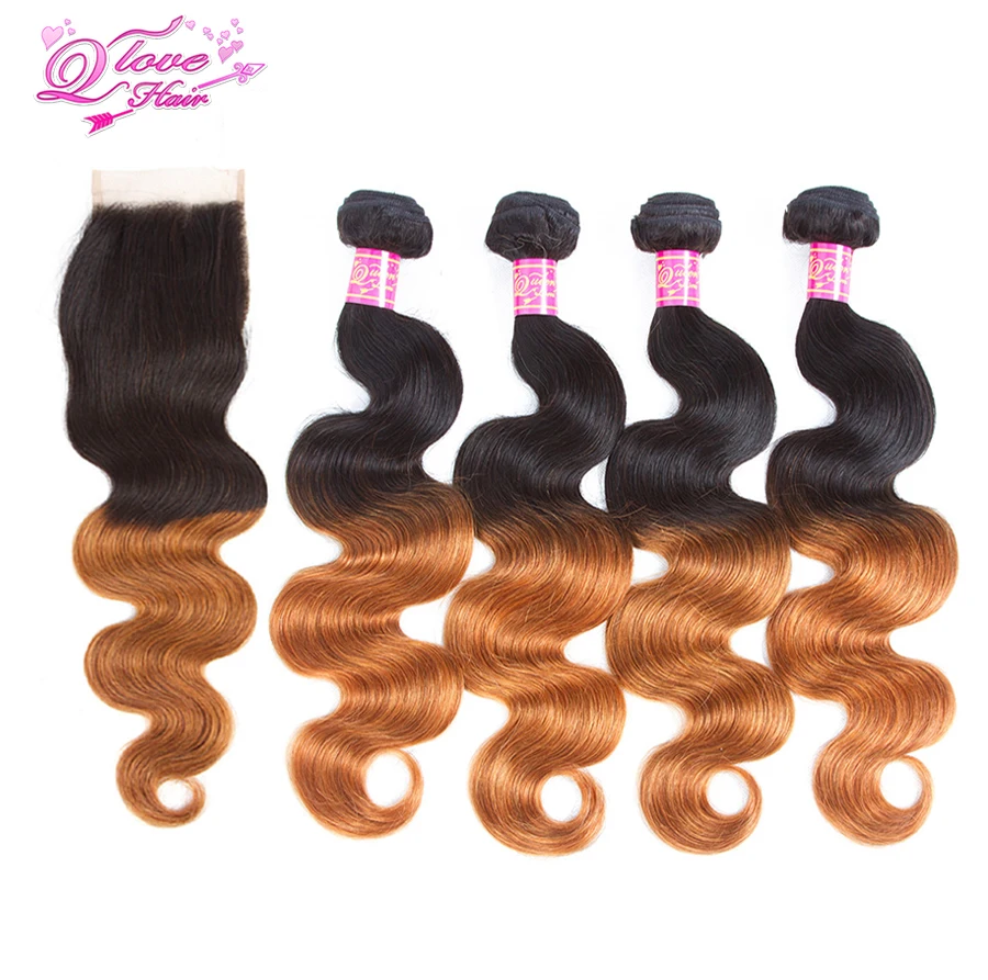 

Queen Love Pre-Colored Ombre Mongolian Non-Remy Hair Weave 4 Bundles Body Wave With Closure 1B/30 4x4 Free Part Lace Closure