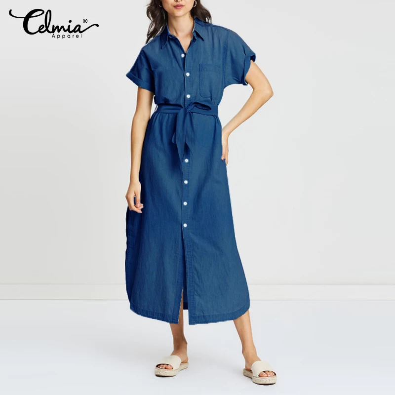 Celmia Women Denim Long Shirt Dress 2019 Summer Short Sleeve Buttons Maxi Dress Casual Loose Sexy Split Vestido Belted Plus Size
Celmia Women Denim Long Shirt Dress 2019 Summer Short Sleeve Buttons Maxi Dress Casual Loose Sexy Split Vestido Belted Plus Size
