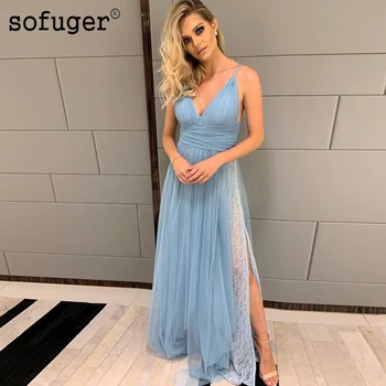 Pale Blue Sofuge Long Evening Dresses High Slit Lace Appliques Sexy V Neck Tulle Arabic Muslim Special Occasion Robe De Soiree
Pale Blue Sofuge Long Evening Dresses High Slit Lace Appliques Sexy V Neck Tulle Arabic Muslim Special Occasion Robe De Soiree