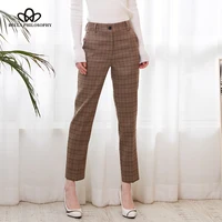 Bella Philosophy 2018 Spring Plaid Basic Pants Women Casual High Waist Long Harem Pants Female Zipper Office Lady Pants Bottoms image