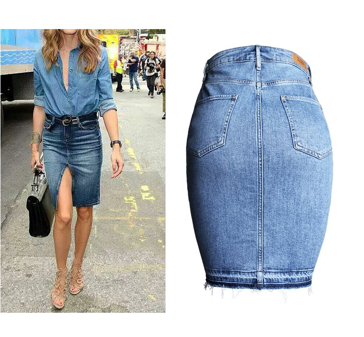Tide section, raw hem, split skirt, washed white high waist denim skirt (5)