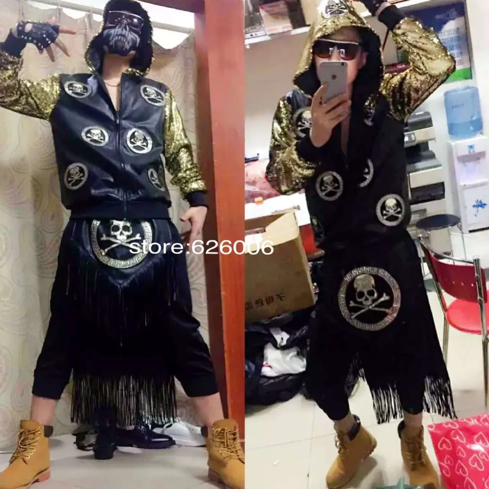 Personality Fashion Skull Black Gold Sequins Leather Suit Costumes Nightclubs Male singer DJ Show Party stage performance set
Personality Fashion Skull Black Gold Sequins Leather Suit Costumes Nightclubs Male singer DJ Show Party stage performance set