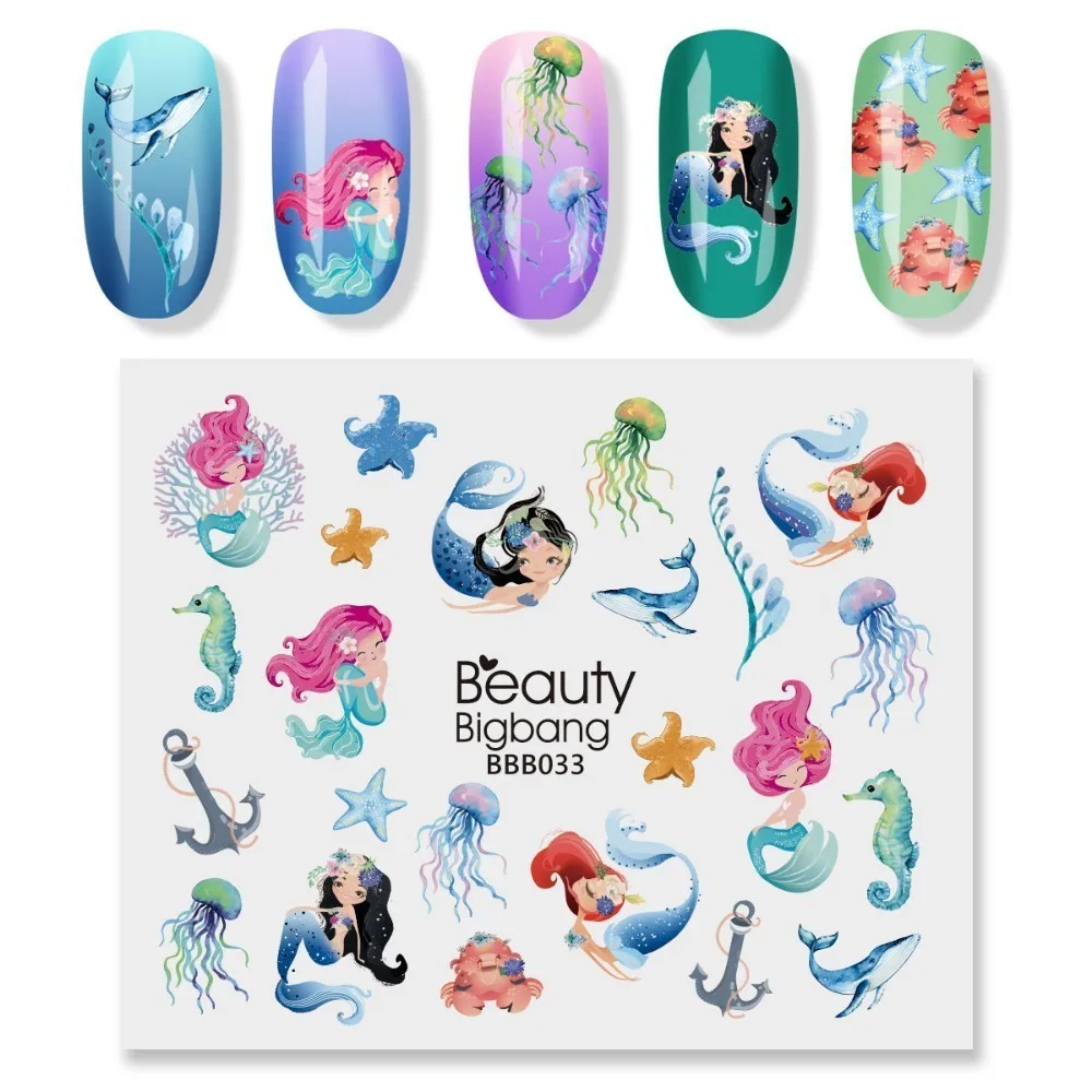 BeautyBigBang Nail Art Stickers 2pcs Mermaid Hippocampus Sea Star Image Manicure Water Decal Nails Sticker Decoration BBB033 | Красота и