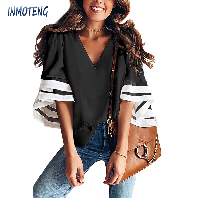 INMOTENG Black/Blue/Red Contrast Color Flare Sleeve V Neck Loose Blouse Women Summer Half Bell Sleeve Mesh Patchwork Blouse Tops
INMOTENG Black/Blue/Red Contrast Color Flare Sleeve V Neck Loose Blouse Women Summer Half Bell Sleeve Mesh Patchwork Blouse Tops