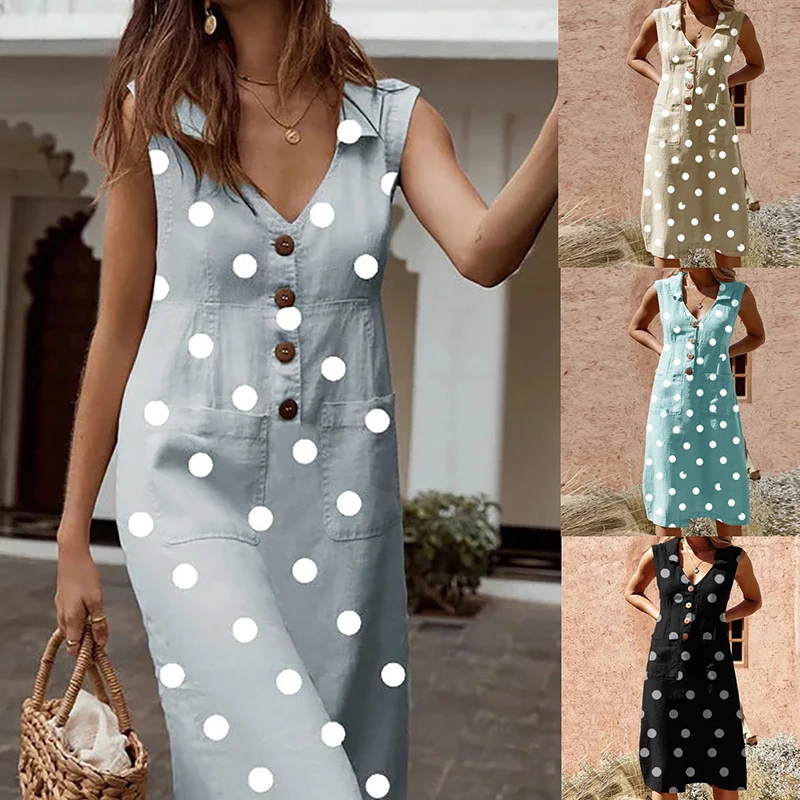Women Vintage Dot Printed Button Pockets Dress Sleeveless V neck A-line Party Casual Dress 2019 Summer New Fashion Women Dress
Women Vintage Dot Printed Button Pockets Dress Sleeveless V neck A-line Party Casual Dress 2019 Summer New Fashion Women Dress