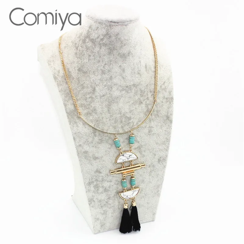 Comiya Golden Plated Zinc Alloy White Blue Stone Long Pendants Necklaces Black String Tassel Ethnic Necklace For Women 
Comiya Golden Plated Zinc Alloy White Blue Stone Long Pendants Necklaces Black String Tassel Ethnic Necklace For Women