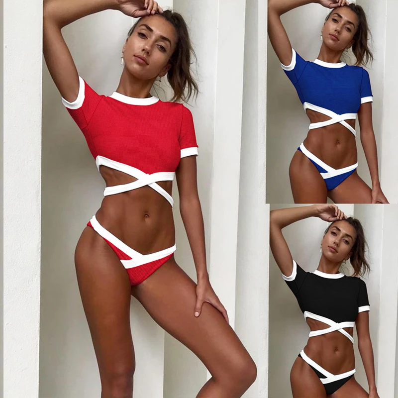 Short Sleeve Sports Bikini Set High Neck Bikini Cropped Top and Bikinis Bottom Female Swimsuits Separate Sport Bathing Suit
Short Sleeve Sports Bikini Set High Neck Bikini Cropped Top and Bikinis Bottom Female Swimsuits Separate Sport Bathing Suit