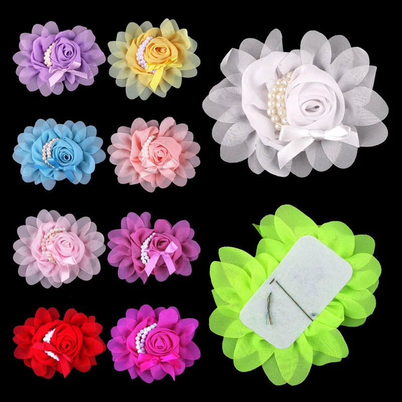 

50pcs/lot 14colors Artificial Goldfish Bowknot Chiffon Rolled Rosette Flower With Pearls Solid Fabric Flowers For Kids Headbands