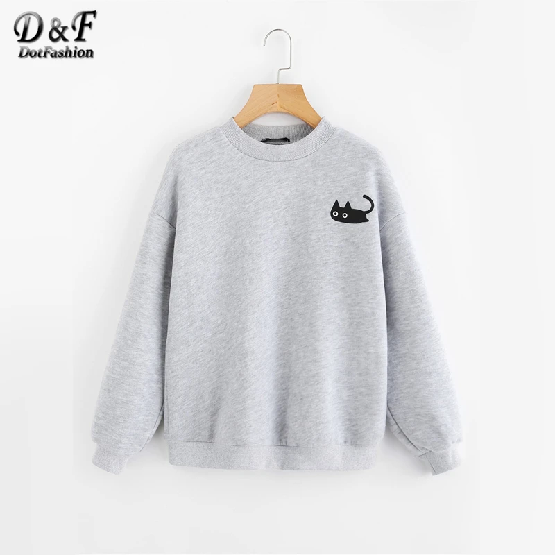 

Dotfashion Cat Print Heather Knit Pullover Grey Cartoon Round Neck Girls Preppy Sweatshirt 2019 Spring Autumn Women Casual Top