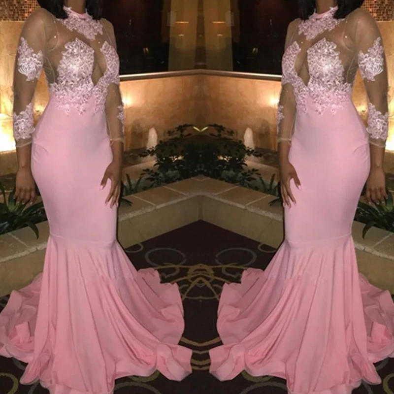 2021 Pink Sheer Long Sleeves Satin Mermaid Prom Dresses Lace Applique Vestidos de Festa Party Evening Gowns Zipper Back
2021 Pink Sheer Long Sleeves Satin Mermaid Prom Dresses Lace Applique Vestidos de Festa Party Evening Gowns Zipper Back