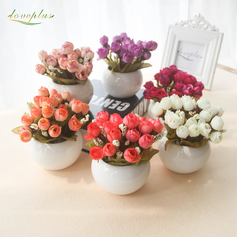 Image Loveplus Quality Ceramics vase +Artificial Silk Tea Rose Buds Peony flower Home Party Decoration office balcony decorate