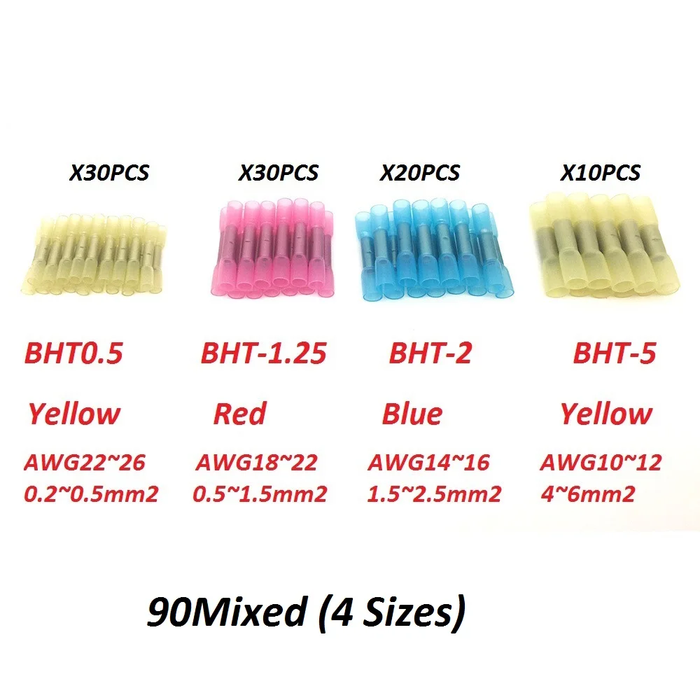 90pcs Hot Melt Glue Inside Waterproof 4 Sizes Mixed BHT0.5 BHT1.25 BHT2 BHT5 PE Heat Shrink Butt Crimp Terminals Connectors
90pcs Hot Melt Glue Inside Waterproof 4 Sizes Mixed BHT0.5 BHT1.25 BHT2 BHT5 PE Heat Shrink Butt Crimp Terminals Connectors
