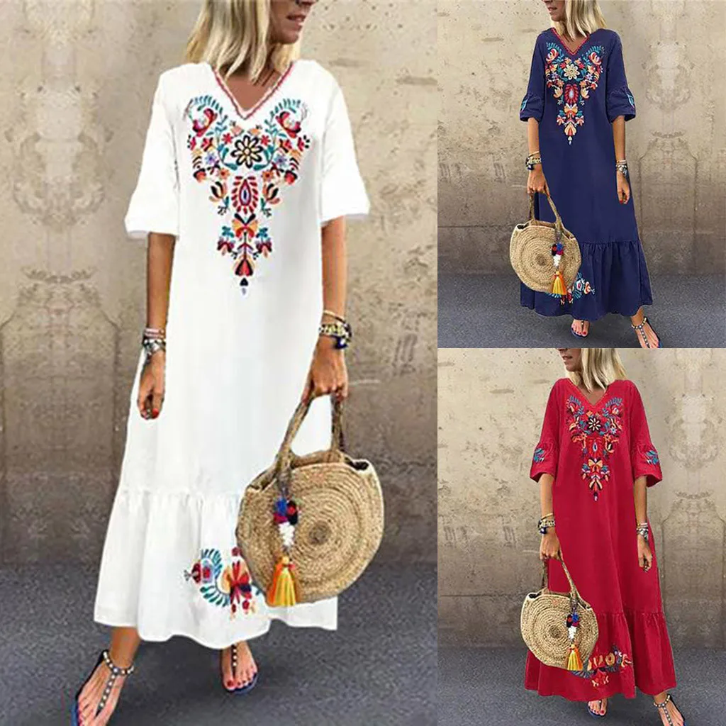 Summer Dress Women 2019 Boho Dress Summer Maxi Casual Floral Embroidery V-Neck Ruffled Linen Maxi Kaftan Dresses летние платьяZ4
Summer Dress Women 2019 Boho Dress Summer Maxi Casual Floral Embroidery V-Neck Ruffled Linen Maxi Kaftan Dresses летние платьяZ4