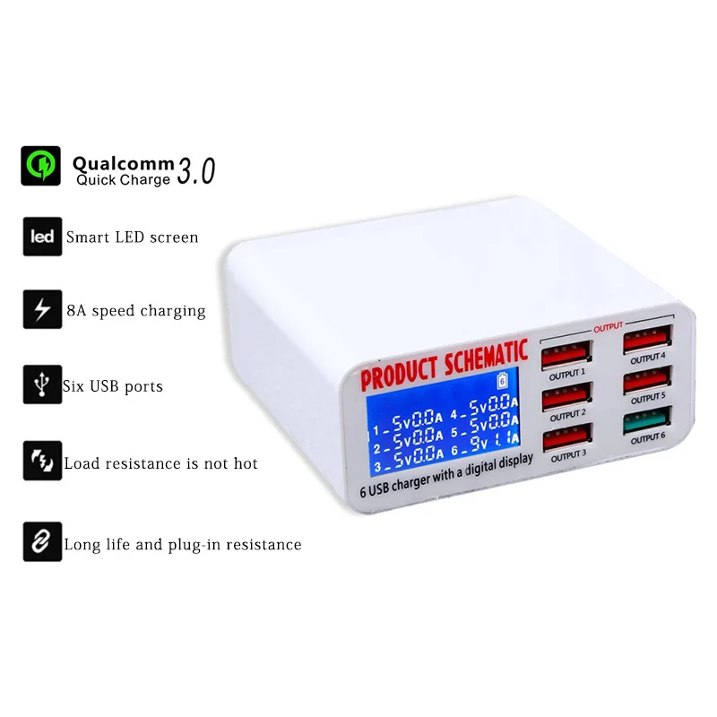 Digital LED Display Fast Charging for Mobile Phone Tablets Quick Charge Qc 3.0 6 USB Port Adapter EU Plug
Digital LED Display Fast Charging for Mobile Phone Tablets Quick Charge Qc 3.0 6 USB Port Adapter EU Plug