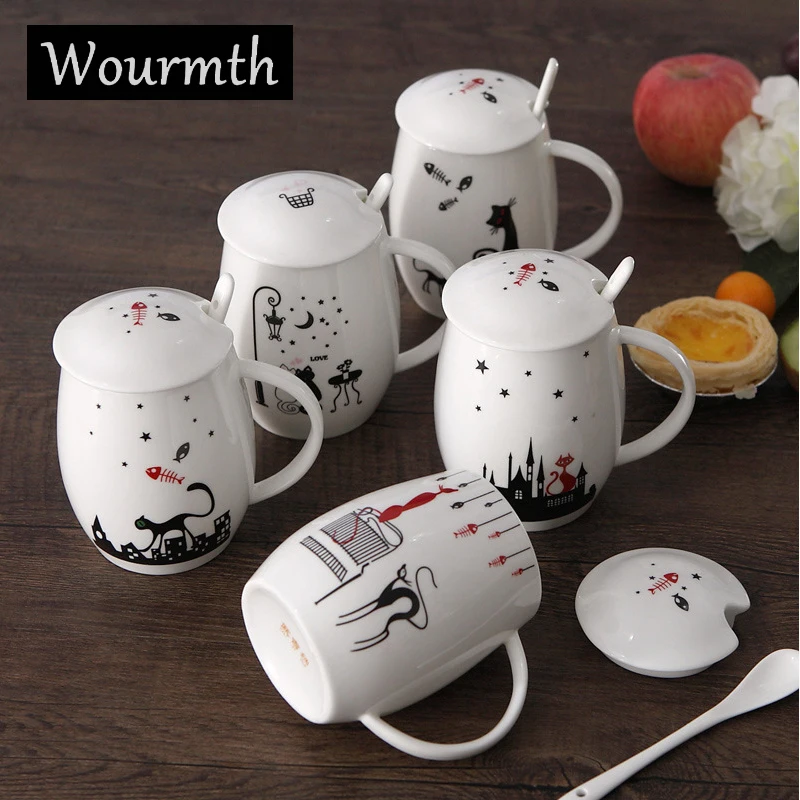 Image WOURMTH 420ml Creative White Cute Cat Coffee Mugs Unique Design Beer Coffee Mug White Cups Office Home Mugs Ceramic Gift