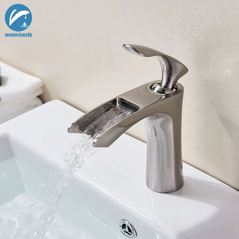 

Brushed Nickel Waterfall Bath Basin Faucet Deck Mounted Brass Hot Cold Water Bathroom Faucet Single Handle Vanity Sink Mixer Tap