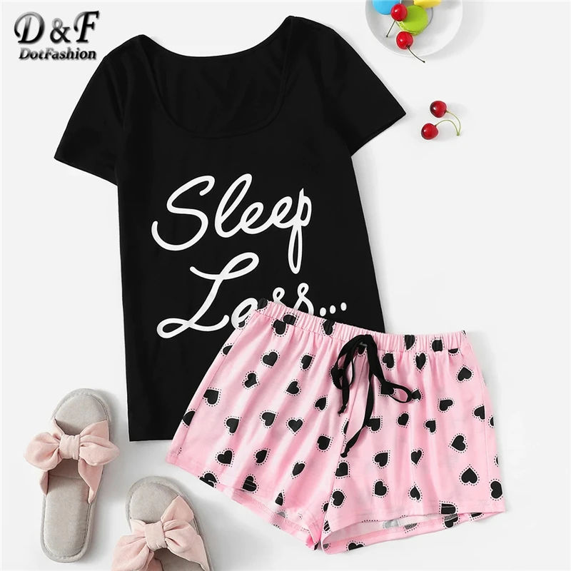 

Dotfashion Slogan Tee And Heart Print Drawstring Waist Shorts PJ Set 2019 Summer Pajamas For Women Casual Short Sleeve Sleepwear