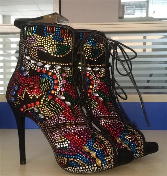 Mixed Color Crystal Women Boots Lace Up High Heels Gladiator Sandals Boots Cross Strap Diamond Summer Ankle Boots Botas Mujer (19)