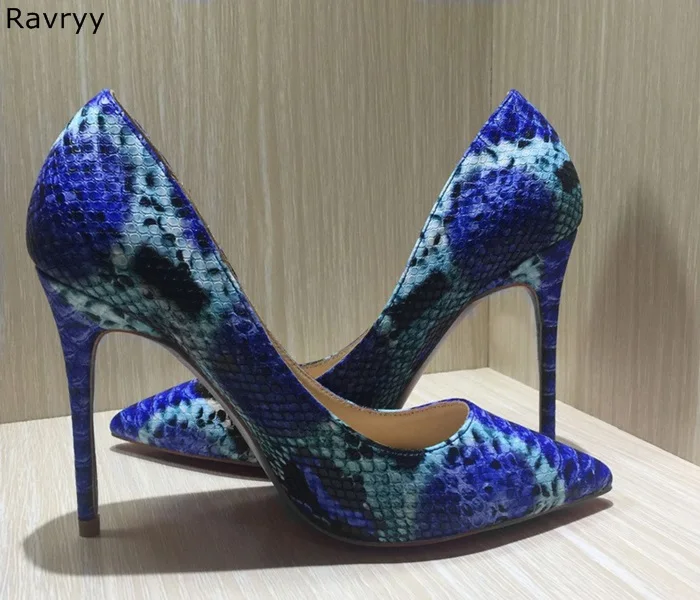 

High Quality blue snakeskin Sexy Pumps Woman high heel Pointed Toe 10/12CM female stiletto heels OL out fits party dress shoes