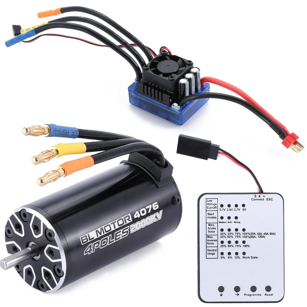 4076 2000KV 4 poles Sensorless Brushless Motor 120A ESC with LED Programming Card Combo Set for 1/8 RC Car Truck
4076 2000KV 4 poles Sensorless Brushless Motor 120A ESC with LED Programming Card Combo Set for 1/8 RC Car Truck