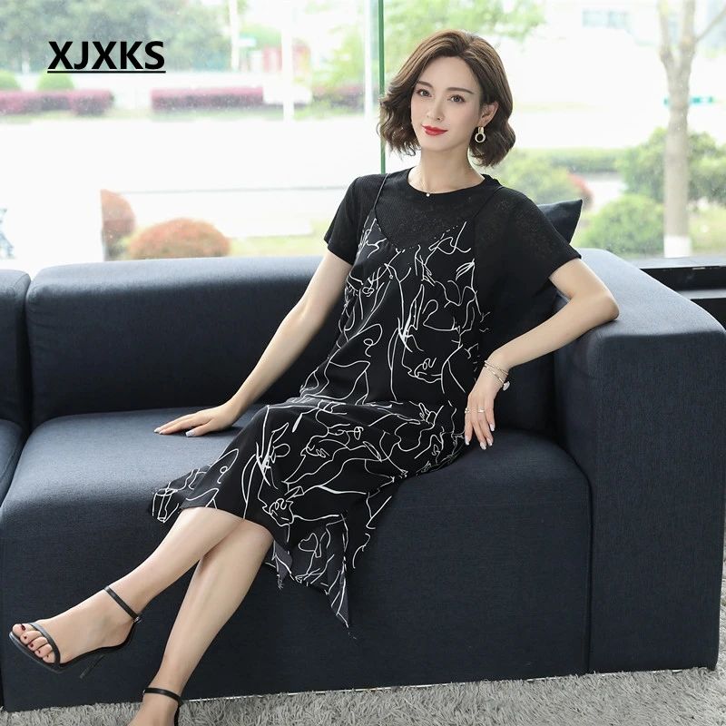 XJXKS Young Women Dress 2019 Summer New Modis Two-piece Set Knitting Tops And Comfortable Sling Chiffon Dress Womens 
XJXKS Young Women Dress 2019 Summer New Modis Two-piece Set Knitting Tops And Comfortable Sling Chiffon Dress Womens