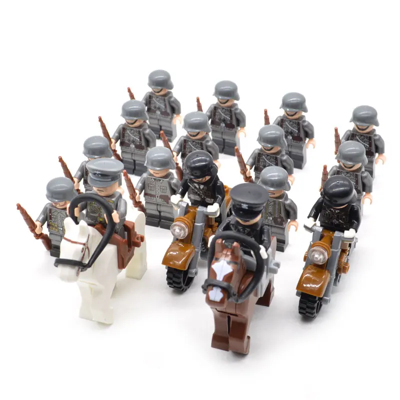 16pcs/set WW2 DE Army Troops with horses motorcycle Military Soldier and Officer with Weapons Building Blocks Brick Toys for Kid
16pcs/set WW2 DE Army Troops with horses motorcycle Military Soldier and Officer with Weapons Building Blocks Brick Toys for Kid