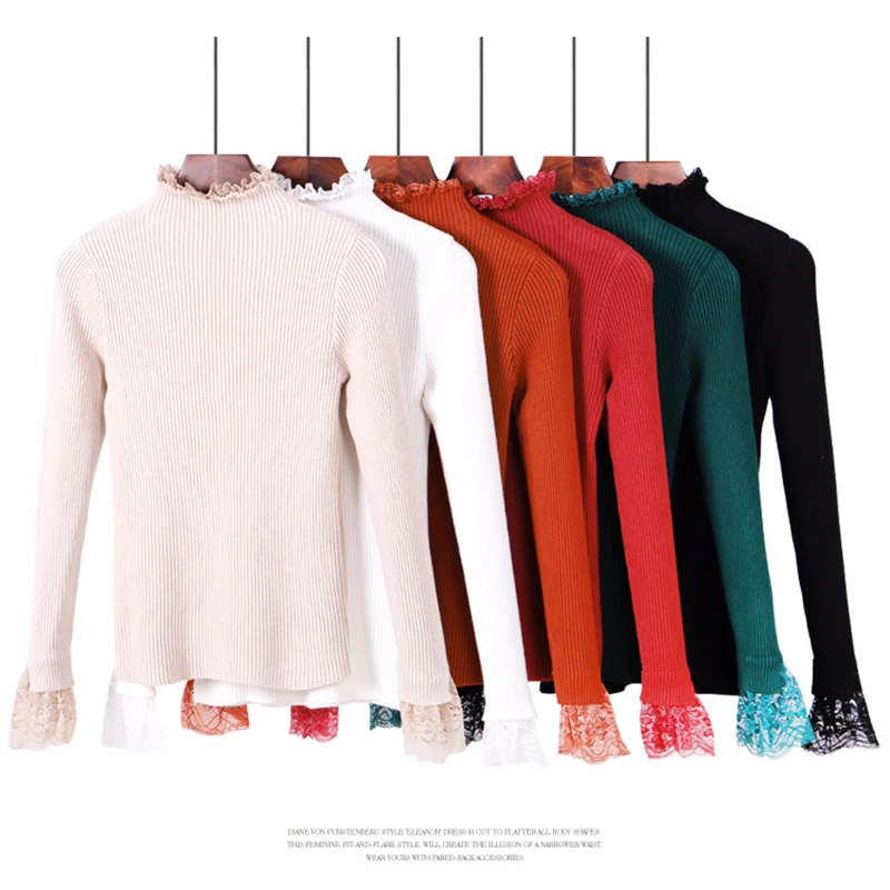 Chic Stand Collar Lace Hem Slim Basic Sweater Women Pullover Casual Half Turtleneck Long Sleeve Solid Knit Sweater Female Jumper
Chic Stand Collar Lace Hem Slim Basic Sweater Women Pullover Casual Half Turtleneck Long Sleeve Solid Knit Sweater Female Jumper