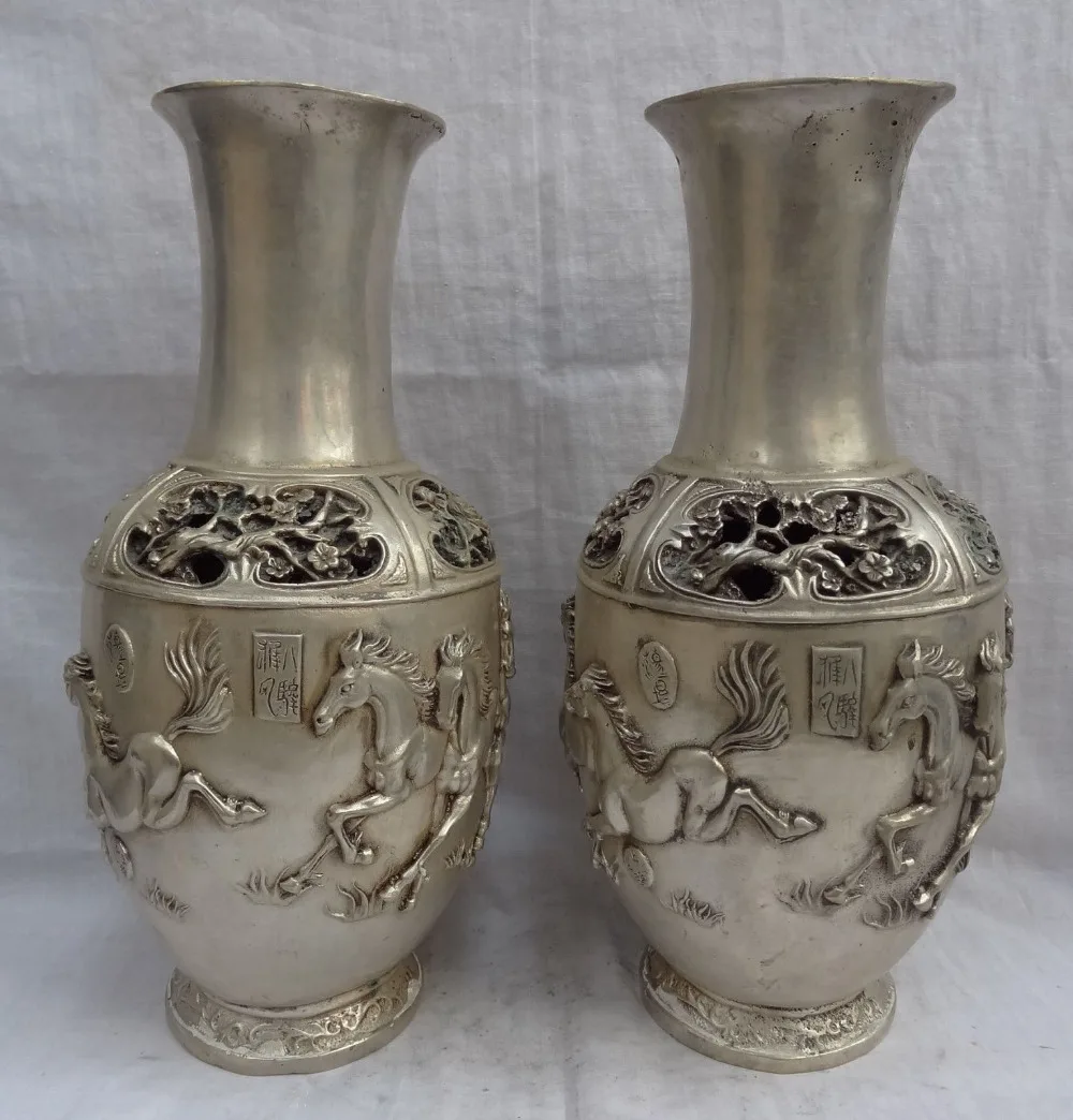 huij 009210 14" Chinese Silver Fly 8 Horse Statue "Ba Jun Tu" Bronze Flower Pot Vase Pair
huij 009210 14" Chinese Silver Fly 8 Horse Statue "Ba Jun Tu" Bronze Flower Pot Vase Pair
