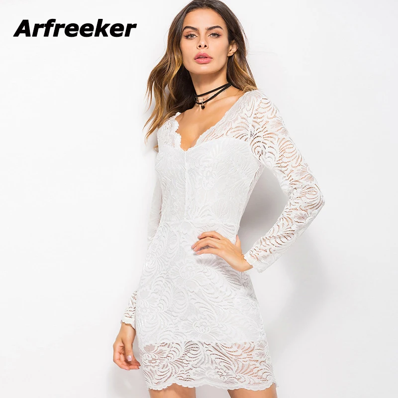 

Arfreeker White Black Sex Lace Dress Full Sleeve Sheath Party Short Dress Guipure Lace Belted Trumpet Dresses For Women New