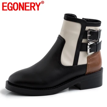 

EGONERY genuine cow leather ankle boots outdoor Striped plaid pattern round toe walking shoes autumn winter 4cm mid heels shoes