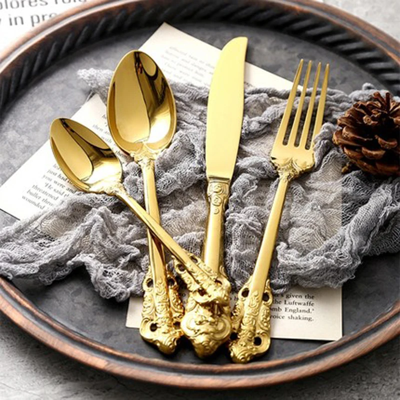 Retro Vintage Western Gold Plated Relief Cutlery Dining Knives Forks Teaspoon Set Golden Luxury Dinnerware Tableware Set 4 pcs
Retro Vintage Western Gold Plated Relief Cutlery Dining Knives Forks Teaspoon Set Golden Luxury Dinnerware Tableware Set 4 pcs