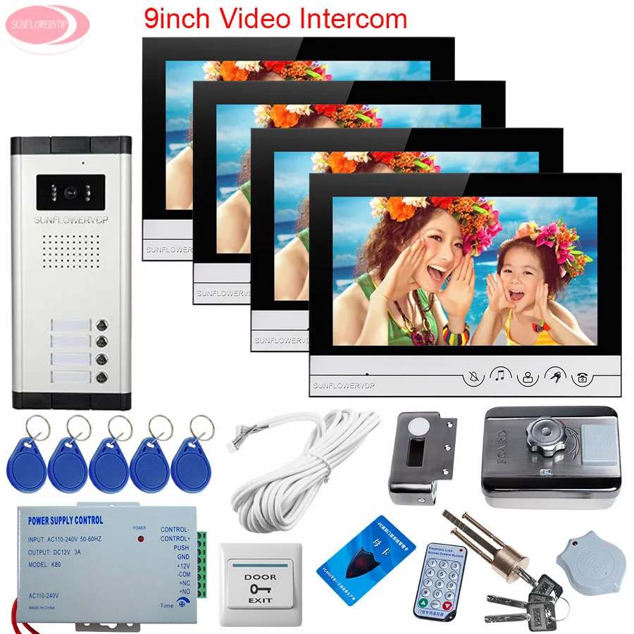 4 Apartments Home Video Door Phone Intercom + Rfid Unlock Electronic Lock 9Inch Video Door Phone Intercom system For 4 Monitors
4 Apartments Home Video Door Phone Intercom + Rfid Unlock Electronic Lock 9Inch Video Door Phone Intercom system For 4 Monitors