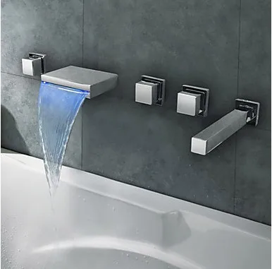 

Chrome Finish Stainless Steel Spout LED Thermochromic Waterfall Bathroom Tub Faucet