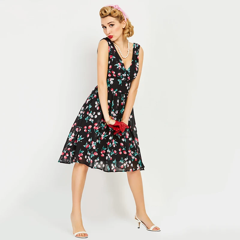  Deep V Neck Sleeveless Vintage Highwaist Dress 