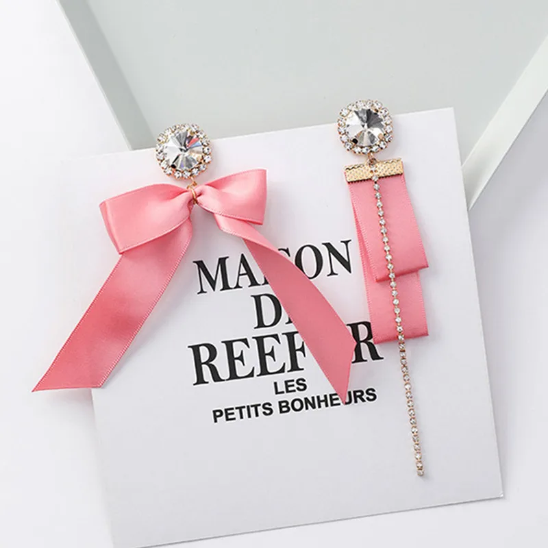 Asymmetric Long Ribbon Bow Earrings for Women Girls Luxury Rhinestone Tassel Fashion Jewelry Drop Dangle Earring Brincos 5J4022 | Украшения