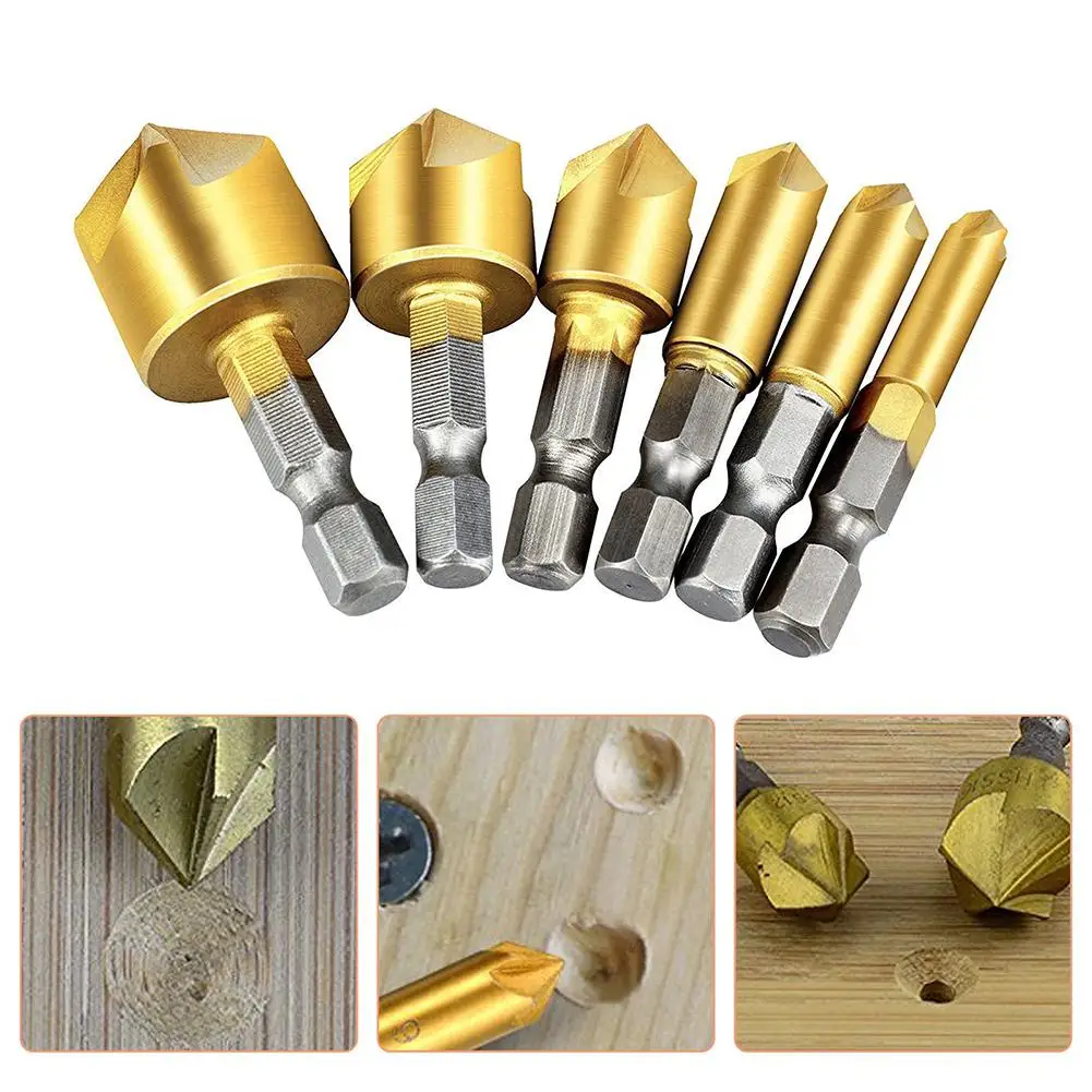 6 Pcs Drill Bit Set 1/4'' Hex Shank 90 Degree Wood Chamfering Cutter Chamfer 6mm-19mm Countersink Drill Bit
6 Pcs Drill Bit Set 1/4'' Hex Shank 90 Degree Wood Chamfering Cutter Chamfer 6mm-19mm Countersink Drill Bit