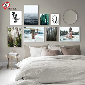 

Fashion Girl Surfboard Sea Beach Cactus Wall Art Canvas Painting Nordic Posters And Prints Wall Pictures For Living Room Decor