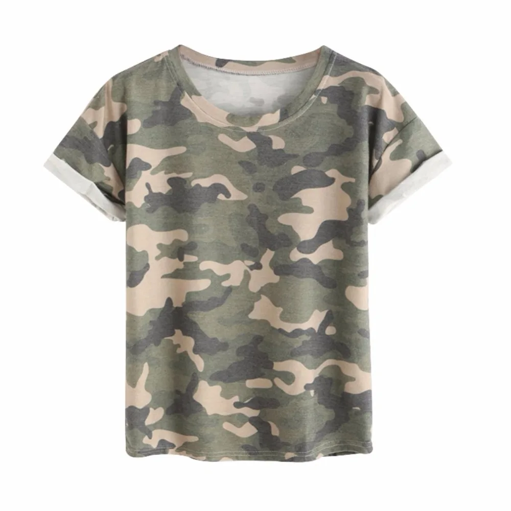 Women Ladies Fashion Summer Short Sleeve Tops Round Neck Rolled Casual Camouflage Printed T-shirt
Women Ladies Fashion Summer Short Sleeve Tops Round Neck Rolled Casual Camouflage Printed T-shirt