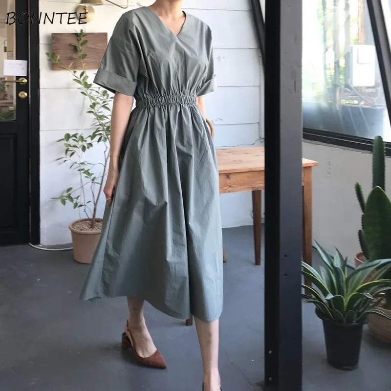 Dress Women Summer Korean Sweet Elegant V-Neck High Waist Chic Womens Solid Slim A-Line Leisure Girls Short Sleeve Dresses Daily
Dress Women Summer Korean Sweet Elegant V-Neck High Waist Chic Womens Solid Slim A-Line Leisure Girls Short Sleeve Dresses Daily