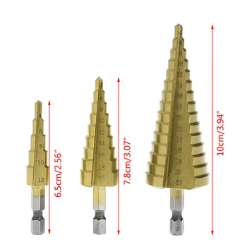 3 Pcs 4-12/20/32mm Hss Hex Shank Step Cone Drill Bit Set Hole Cutter Titanium New
3 Pcs 4-12/20/32mm Hss Hex Shank Step Cone Drill Bit Set Hole Cutter Titanium New