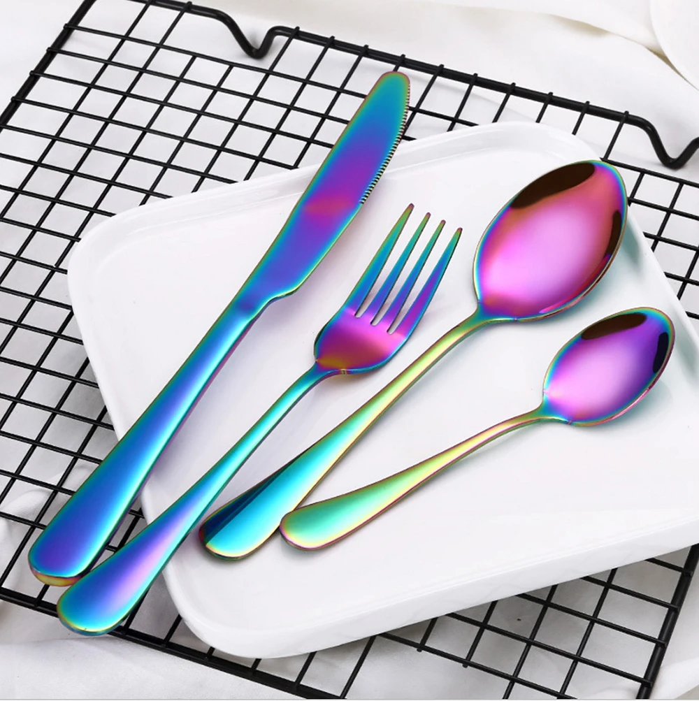 High-end cutlery 4 pcs rainbow dinnerware set stainless steel knife and creative color fork and spoon christmas tableware
High-end cutlery 4 pcs rainbow dinnerware set stainless steel knife and creative color fork and spoon christmas tableware