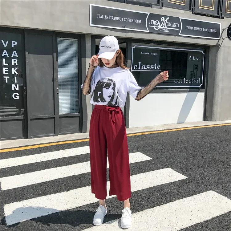 Plus Size - Casual Elastic Waist Loose Wide Leg Pants Preppy Style Trousers Female Palazzo Pants (Us 18W-20W)