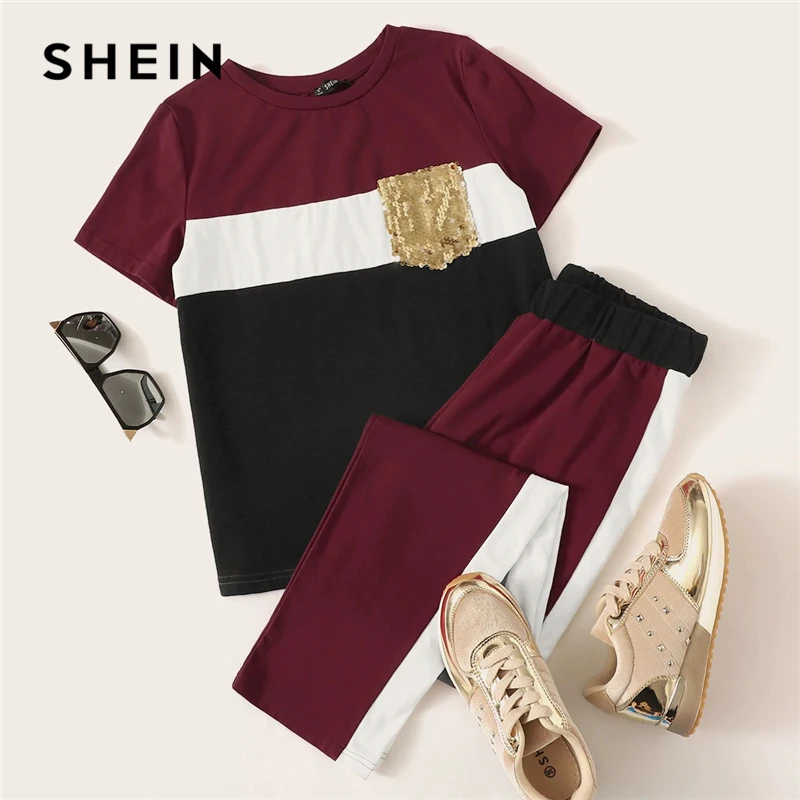 

SHEIN Sequin Pocket Patched Colorblock Top and Pants Set Short Sleeve Two Piece Set 2019 Casual Spring Autumn Women Sets