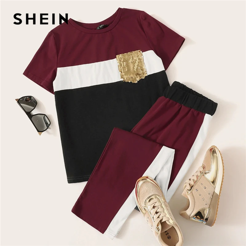 SHEIN Sequin Pocket Patched Colorblock Top and Pants Set Short Sleeve Two Piece Set 2019 Casual Spring Autumn Women Sets
SHEIN Sequin Pocket Patched Colorblock Top and Pants Set Short Sleeve Two Piece Set 2019 Casual Spring Autumn Women Sets