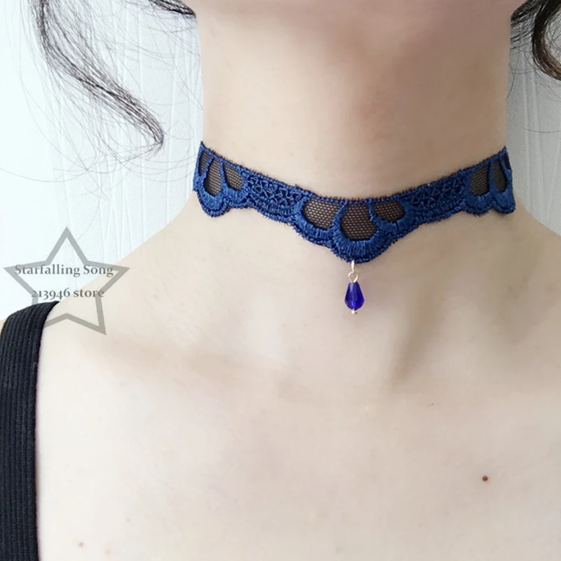 

Handmade Water Drop Glass Crystal Charm 2CM Blue Chemical Lace & Stainless Steel Jewelry Choker Necklaces