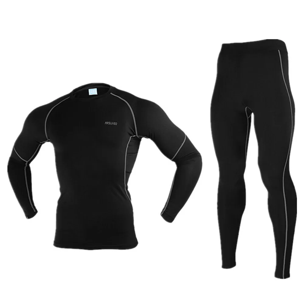 Image New Men Winter Thermal Warm Up Fleece Compression Cycling Base Layers Shirts Running Sets Jersey Sports Suits