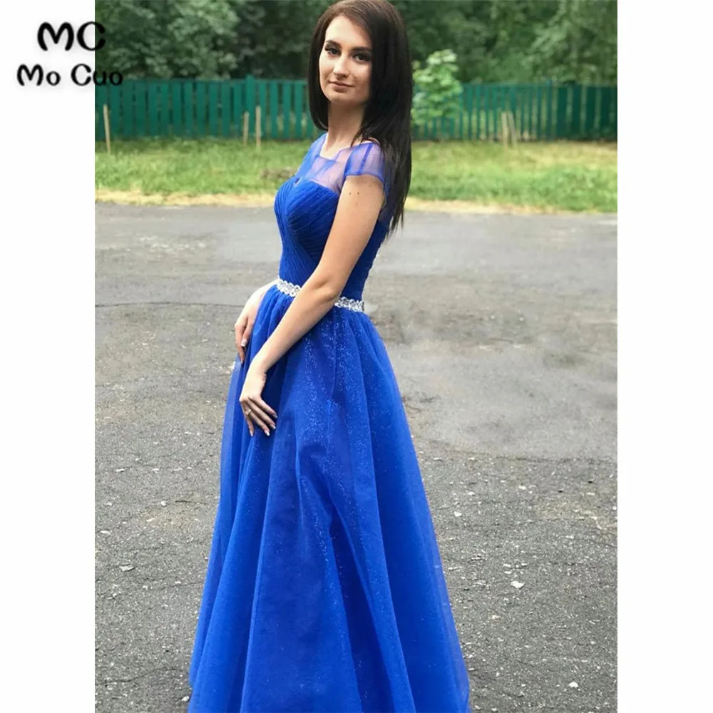 Blue round neck tulle long prom dress, evening dress (1)
