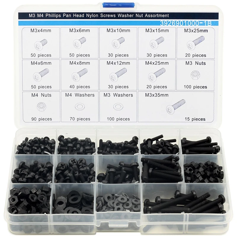 M3 M4 черные нейлоновые винты с полукруглой головкой phillips Nuts шайбы набор 695 штук|pan