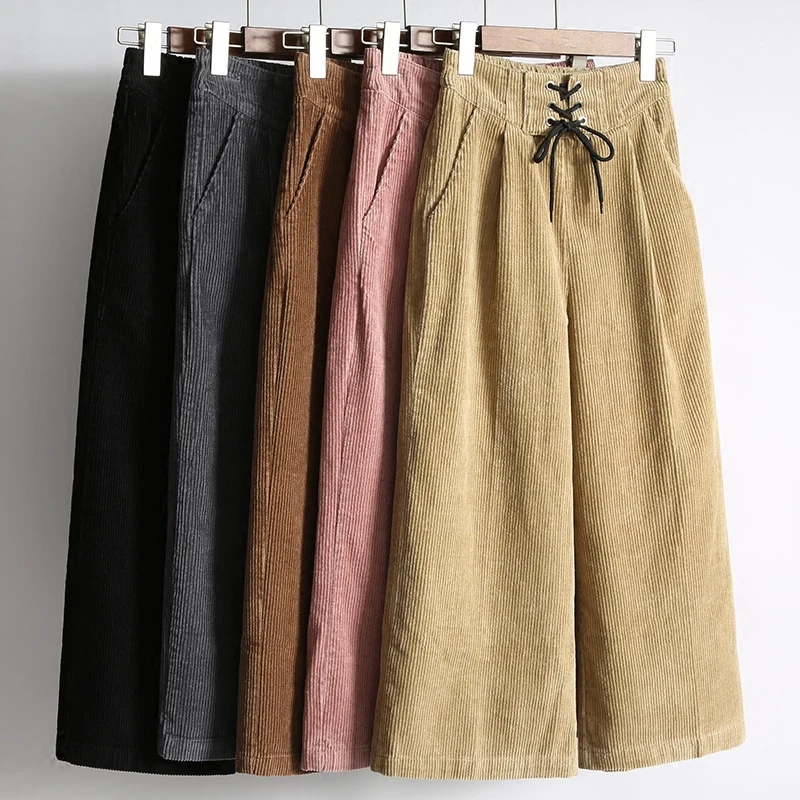 

New Fashion High Waist Loose Wide Leg Pants Women Autumn Winter Corduroy Cropped Trousers Casual Ankle-Length Pants