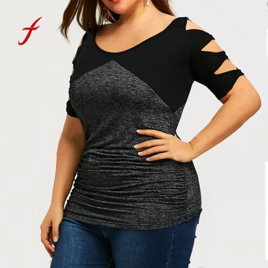 Фото Women Plus Size Hollow Out Patchwork Splice Bow Pullover Female Large Short Sleeve Tops Shirt Tee T-Shirt Casual Clothes 2018 | Женская